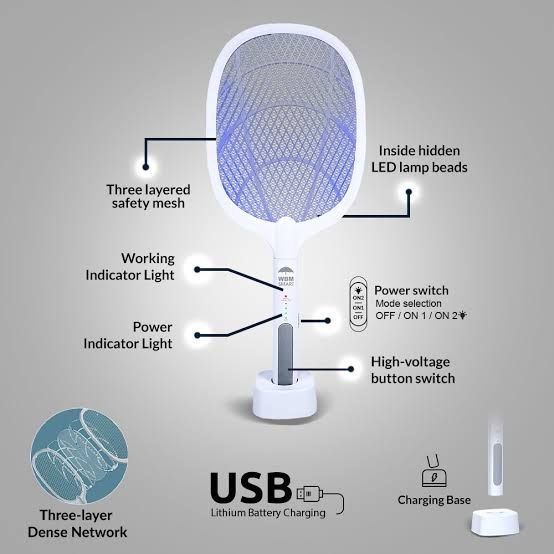 Innovative Rechargeable 2-in-1 Mosquito Racket with Night Lamp & stand